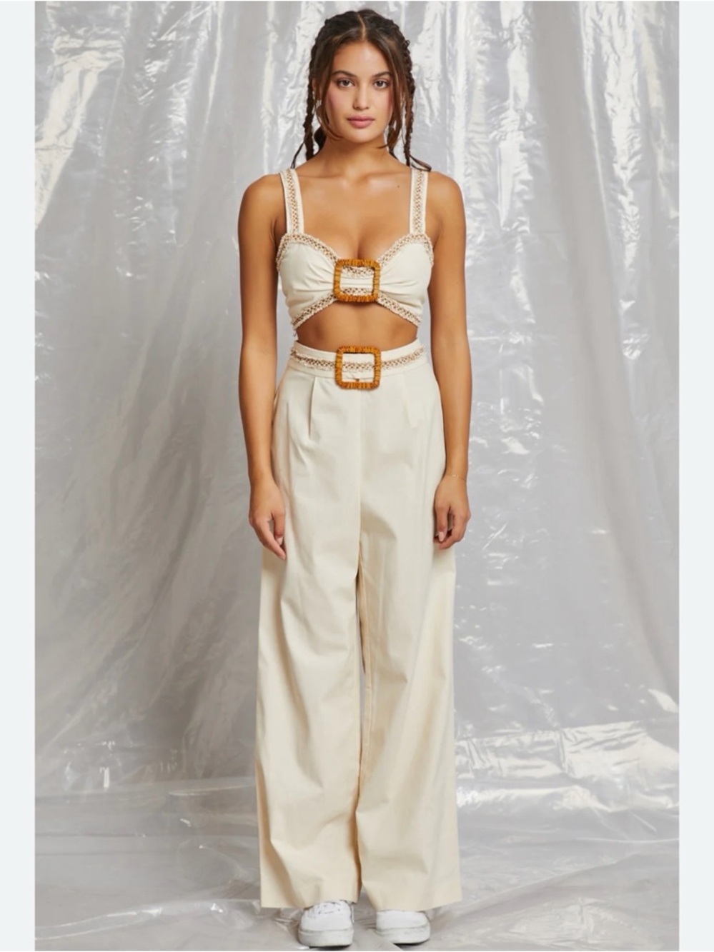 Cream High-Waist Wide-Leg Pants with Decorative Buckle